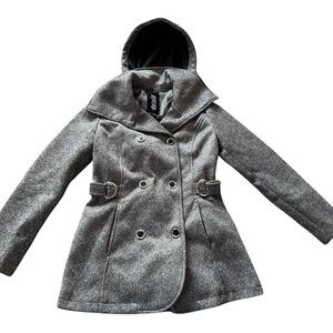 INTL Details Gray Blended Lined Coat Removable Hood Women Size Small Pea Coat